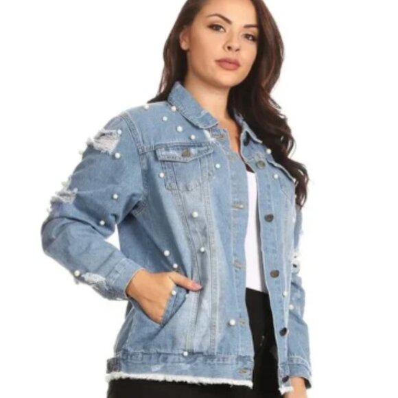 The Style Between Us Denim Jacket White Faux Pearls Size large - Picture 1 of 6